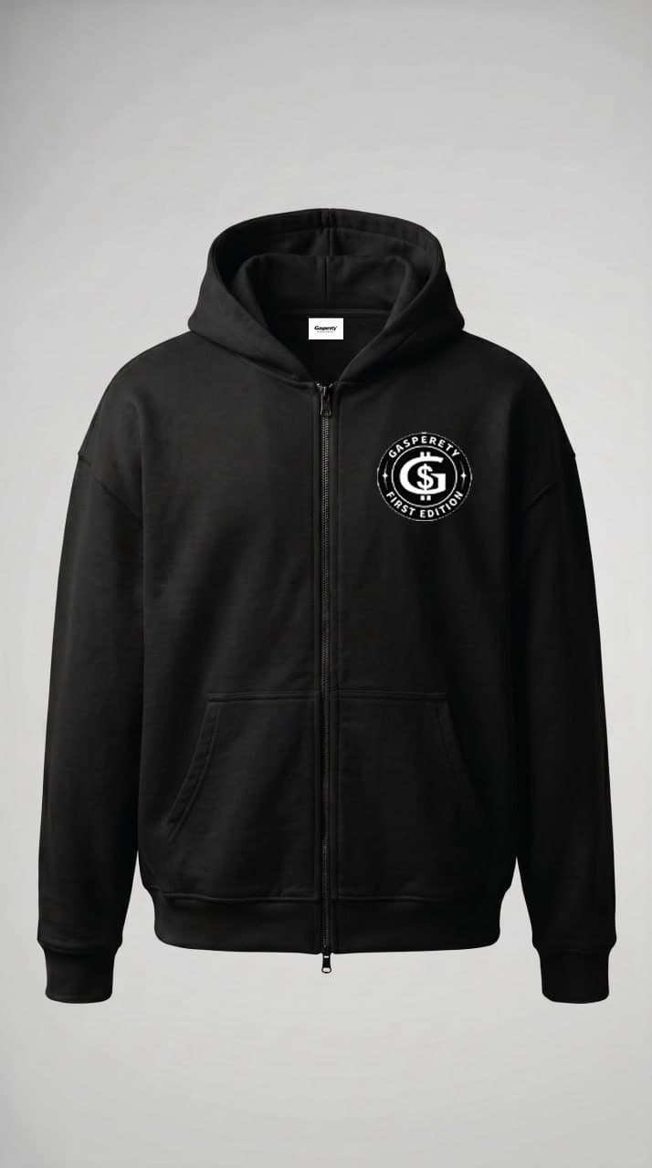 Gasperety black zip-up hoodie — front with embroidered G$ badge